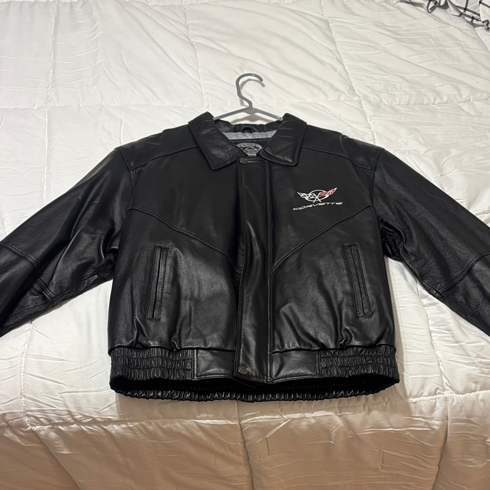 Black Leather Jacket with Embroidered Logo